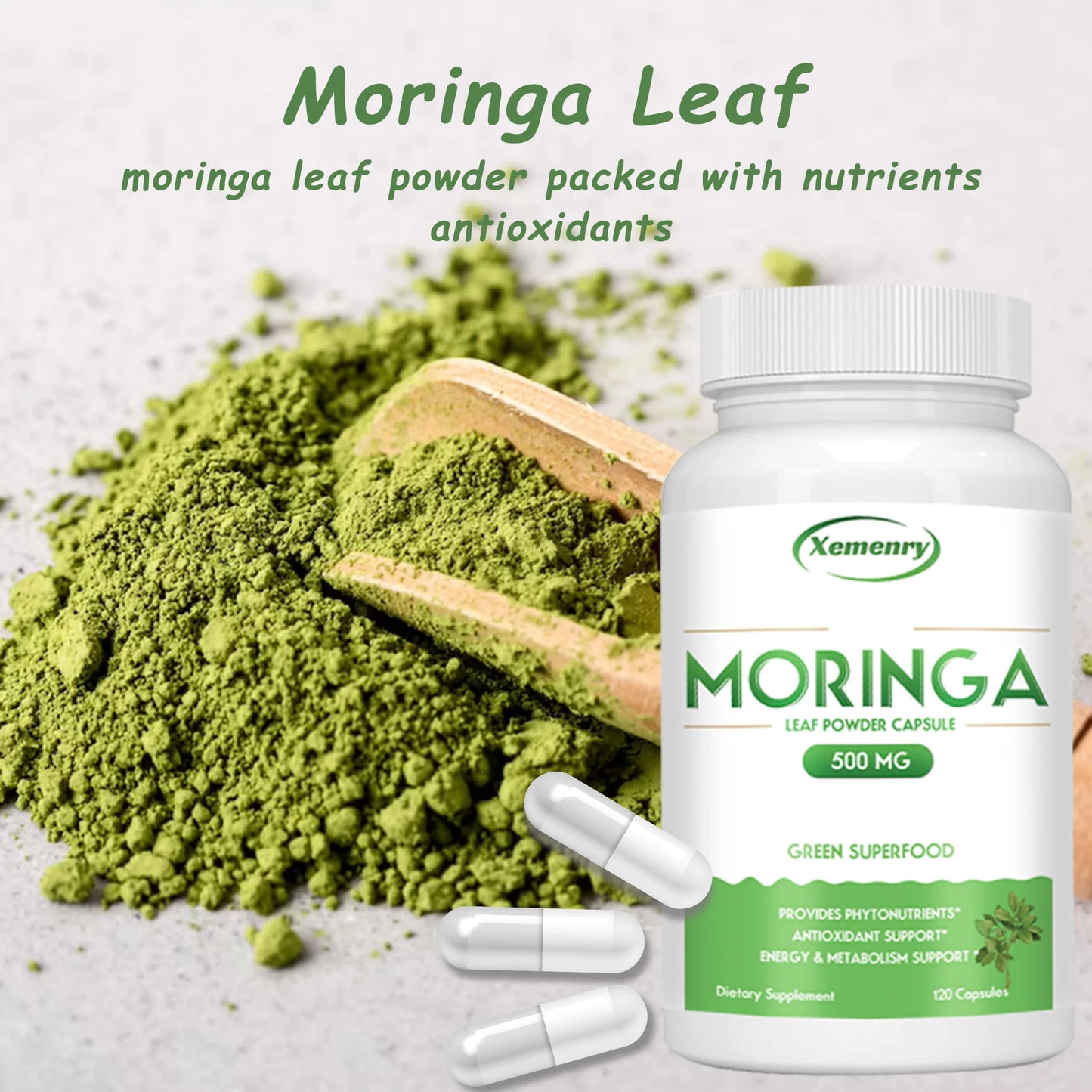 Moringa Capsules - Nutritional Vegan Green Superfood for Immune System, Energy, Metabolism - 120 Capsules