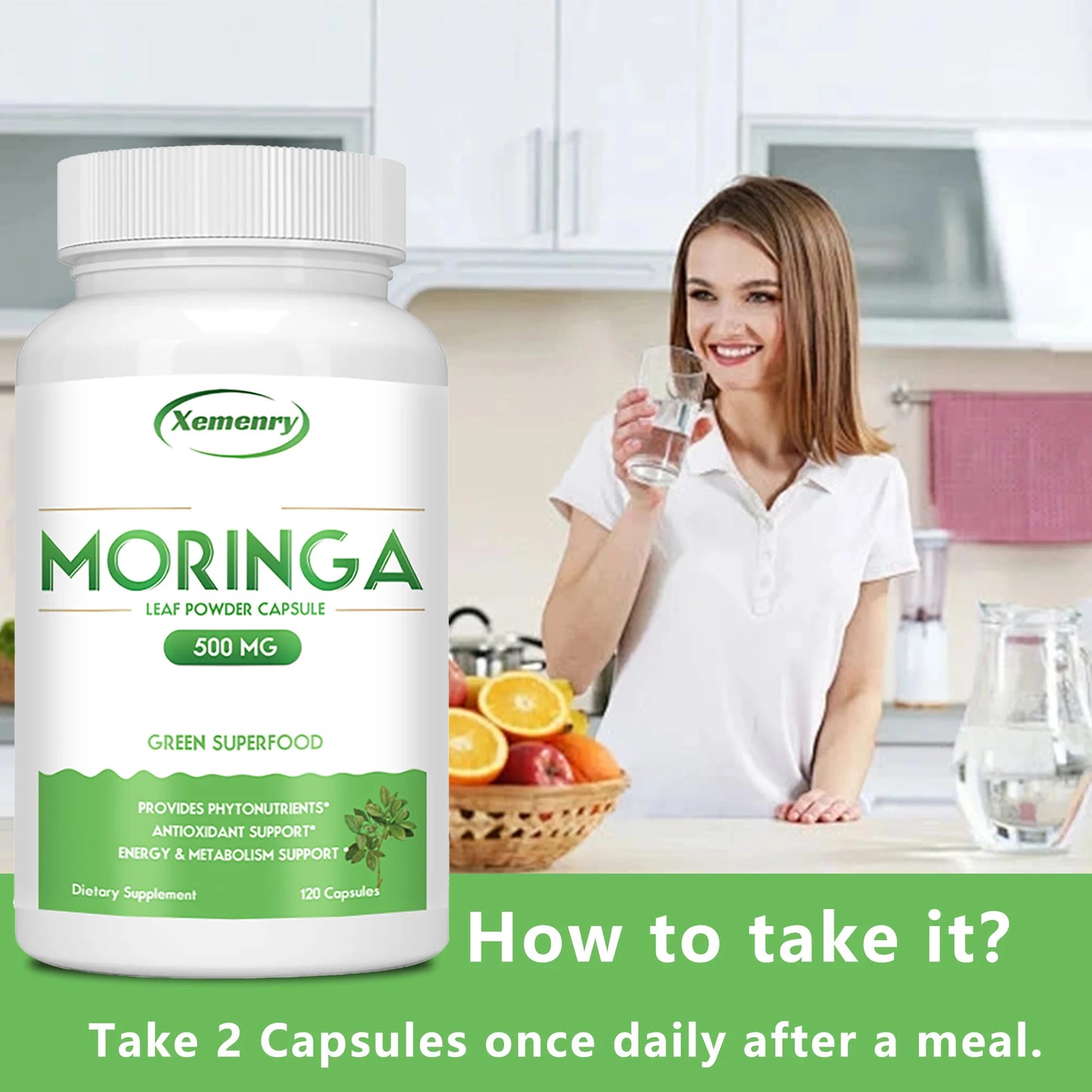 Moringa Capsules - Nutritional Vegan Green Superfood for Immune System, Energy, Metabolism - 120 Capsules