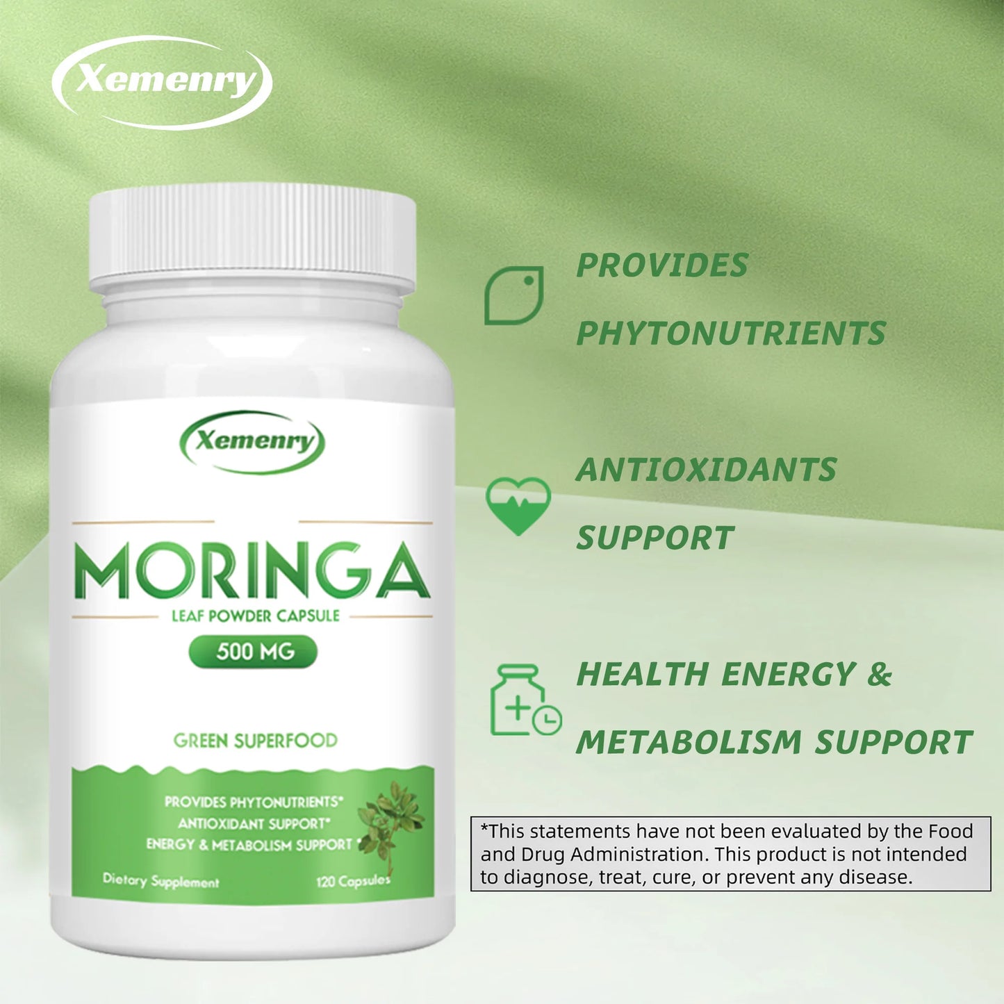 Moringa Capsules - Nutritional Vegan Green Superfood for Immune System, Energy, Metabolism - 120 Capsules