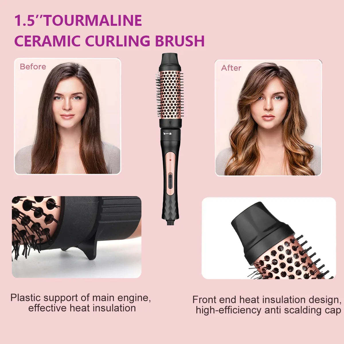 1.5 Inch Curling Iron Brush, Double PTC Heated Thermal Brush Tourmaline lonic Round Brush, 2 in 1 Thermal Hair Brush Dual Voltag