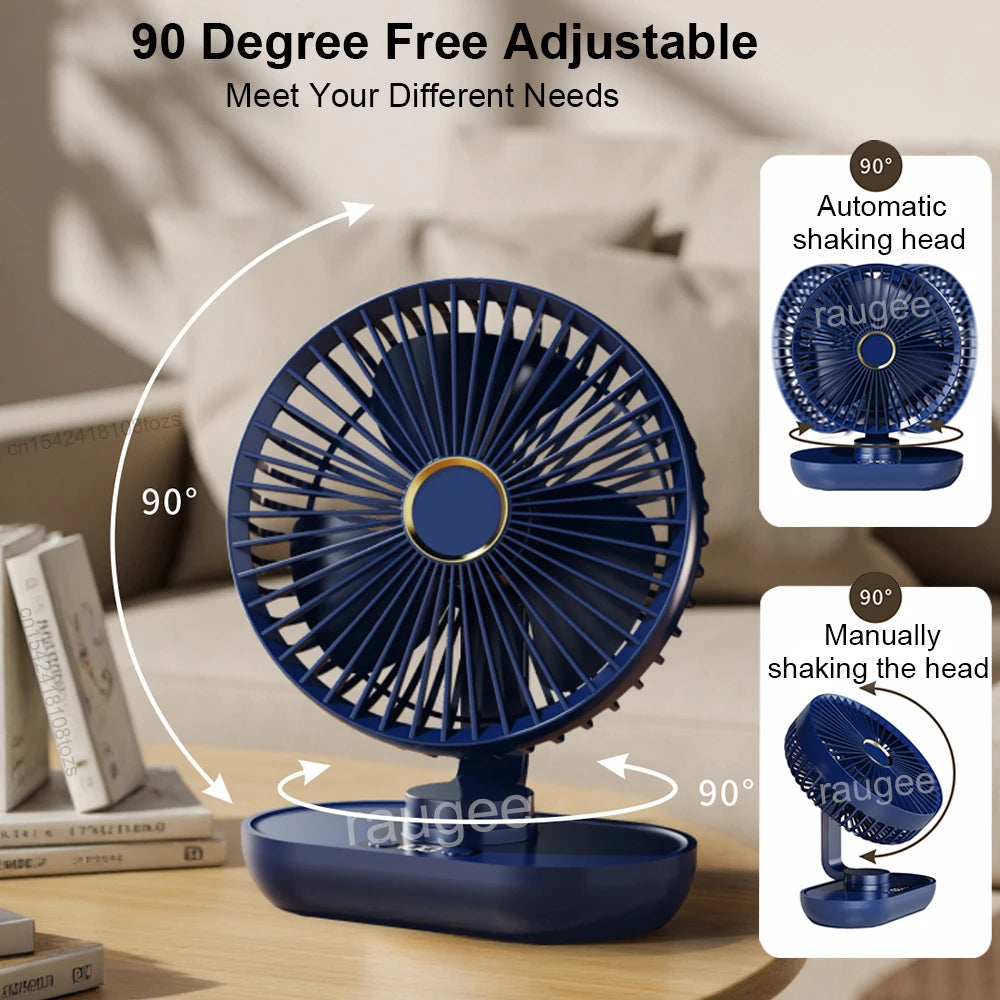 Desktop Fan 5 Wind Speed USB Rechargeable Table Fan for Home Office Camping Quiet Mini Desktop Fan with Automatic Shaking Head