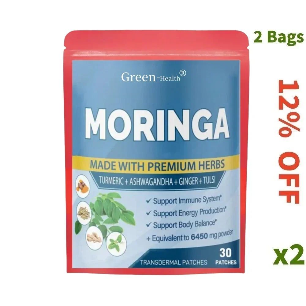 30 Patches Moringa Transdermal Patches with Ashwagandha, Ginger, Turmeric Energy Booster Immune System Support