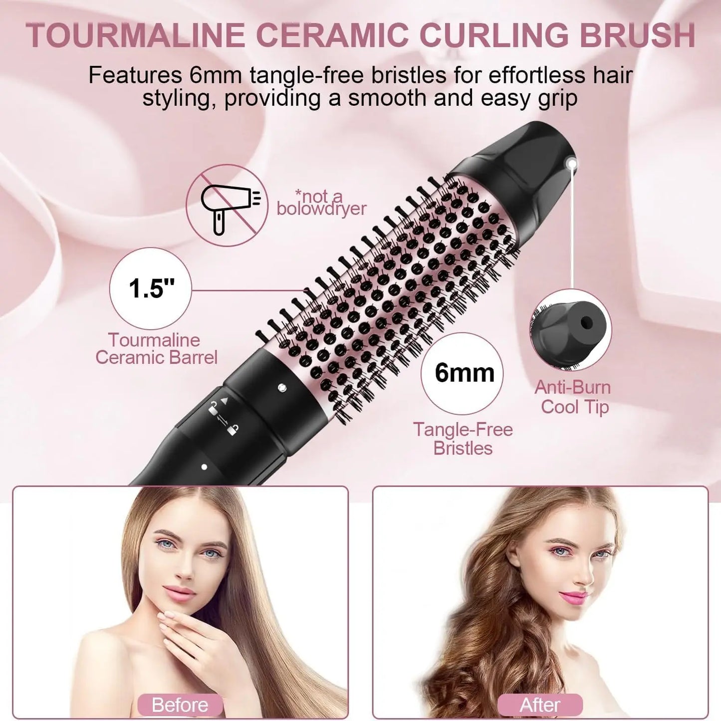 1.5 Inch Curling Iron Brush, Double PTC Heated Thermal Brush Tourmaline lonic Round Brush, 2 in 1 Thermal Hair Brush Dual Voltag