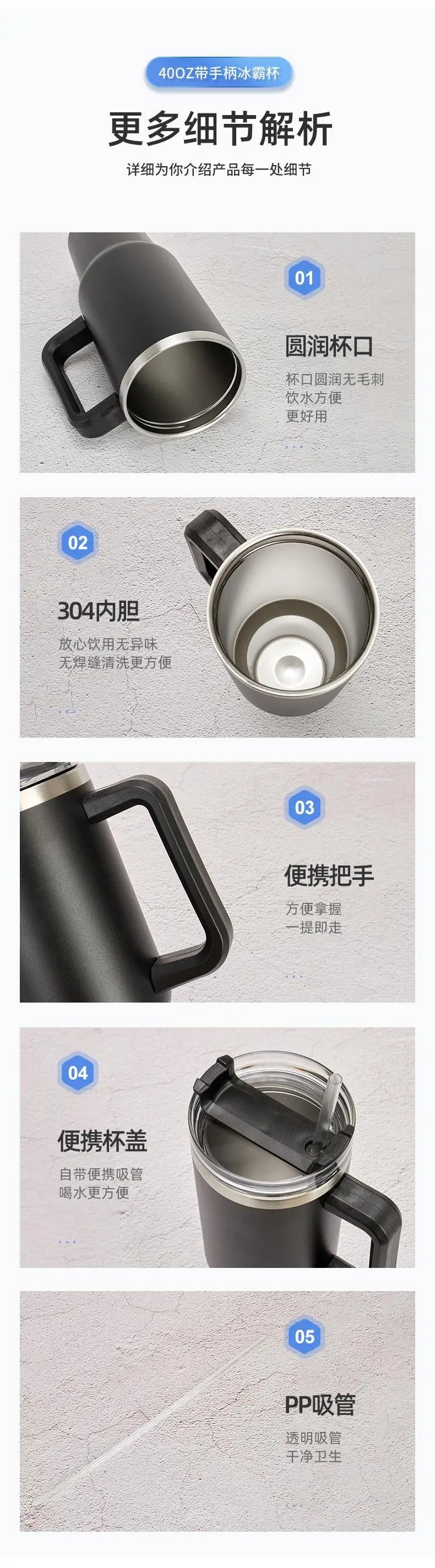 40OZ Stainless Steel Mug Tumbler with Handle High-capacity Insulated Vacuum Mug Keep Cold and Hot Leak Proof Travel Coffee Mug