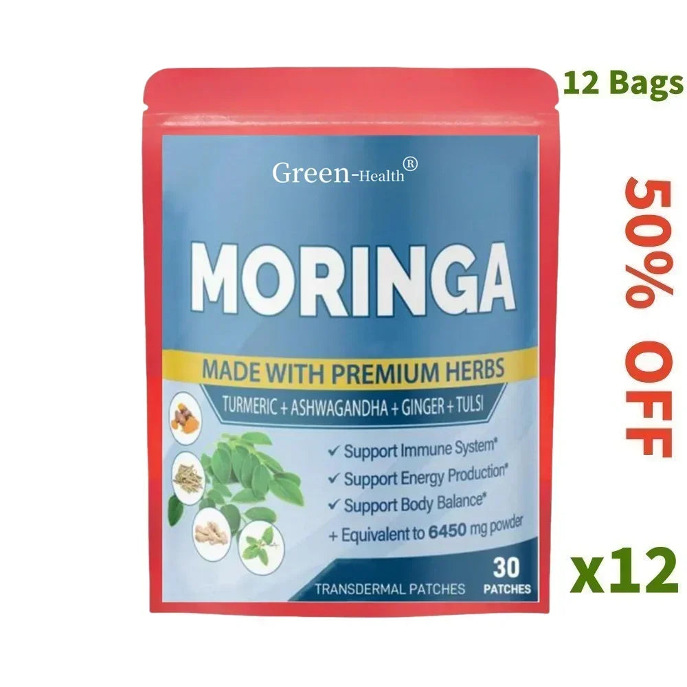 30 Patches Moringa Transdermal Patches with Ashwagandha, Ginger, Turmeric Energy Booster Immune System Support