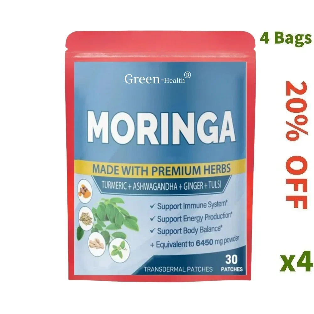 30 Patches Moringa Transdermal Patches with Ashwagandha, Ginger, Turmeric Energy Booster Immune System Support