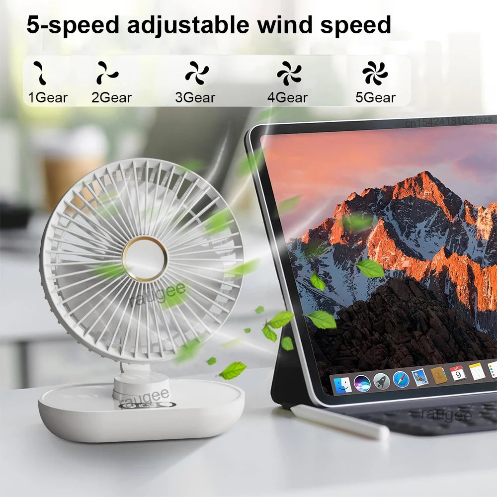 Desktop Fan 5 Wind Speed USB Rechargeable Table Fan for Home Office Camping Quiet Mini Desktop Fan with Automatic Shaking Head