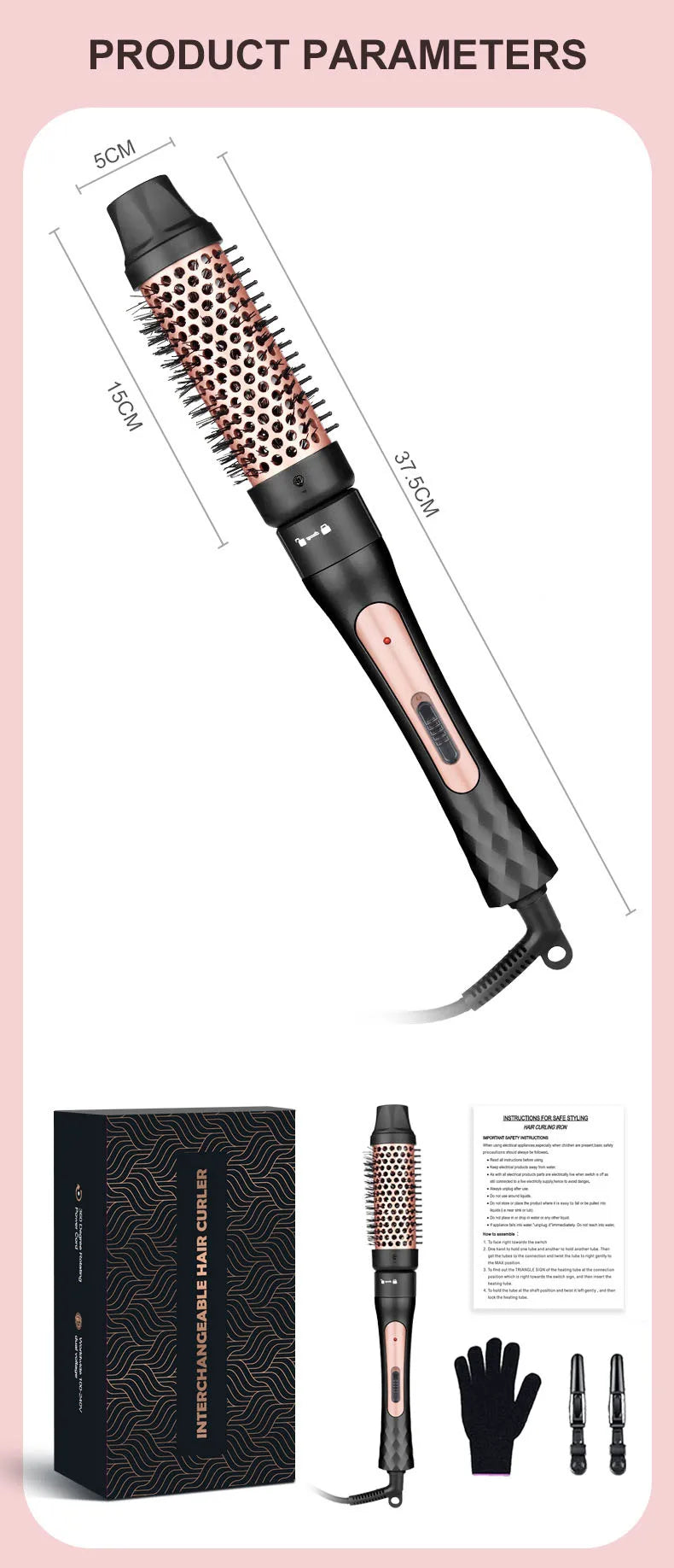 1.5 Inch Curling Iron Brush, Double PTC Heated Thermal Brush Tourmaline lonic Round Brush, 2 in 1 Thermal Hair Brush Dual Voltag