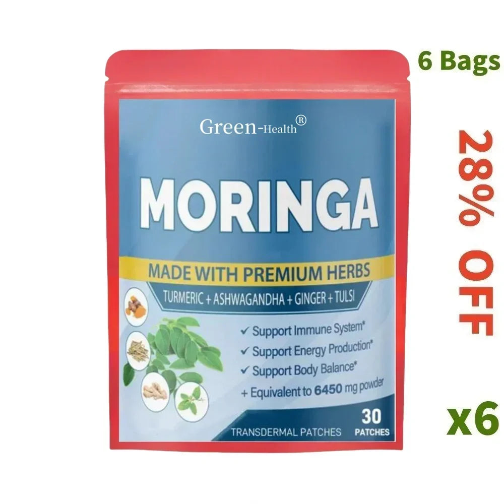 30 Patches Moringa Transdermal Patches with Ashwagandha, Ginger, Turmeric Energy Booster Immune System Support