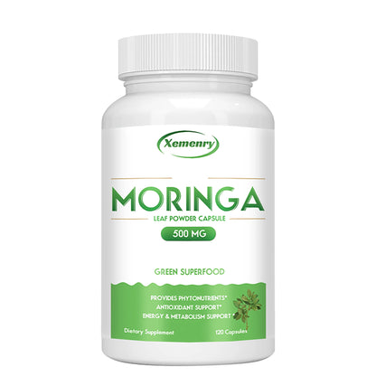 Moringa Capsules - Nutritional Vegan Green Superfood for Immune System, Energy, Metabolism - 120 Capsules
