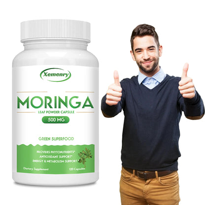 Moringa Capsules - Nutritional Vegan Green Superfood for Immune System, Energy, Metabolism - 120 Capsules
