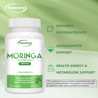 Moringa Capsules - Nutritional Vegan Green Superfood for Immune System, Energy, Metabolism - 120 Capsules